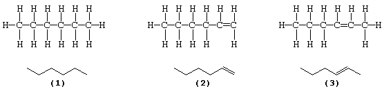 Formulae of hexane (1), hex-1-ene (2), and hex-2-ene (3)
