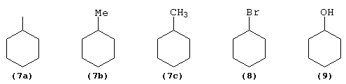 Line formulae of substituted cyclohexanes (7a, 7b, 7c, 8, and 9)