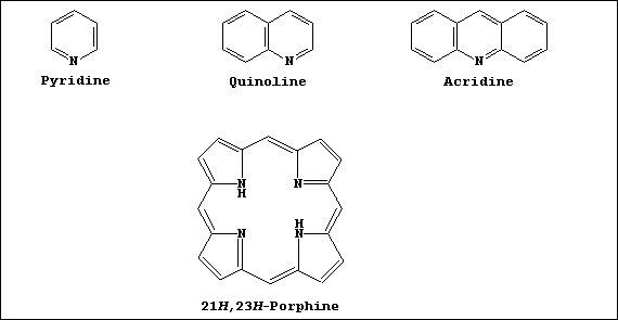 Line formulas for localized descriptions of pyridine, quinoline, acridine, and porphin-21H,23H