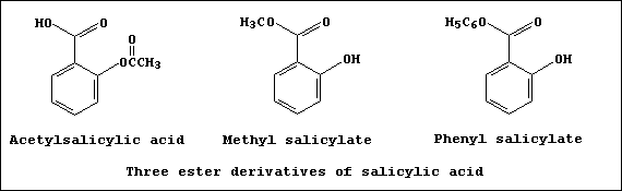 Line formulas of aspirin, methyl salicylate, and phenyl salicylate