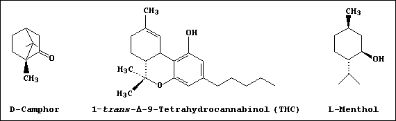 Line formulas of D-camphor, tetrahydrocannabol, and L-menthol